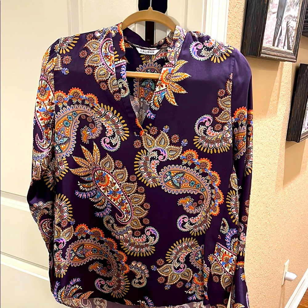 V neck Paisley silky blouse with long sleeves